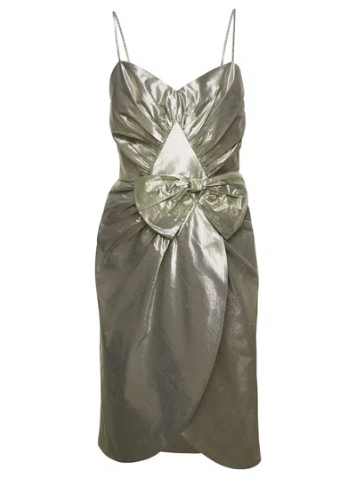 Maison Margiela Midi Ivory Dress With Bow Detail In Metallic Lurex In Grey
