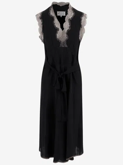 Maison Margiela Mixed Silk Dress With Lace Inserts In Black