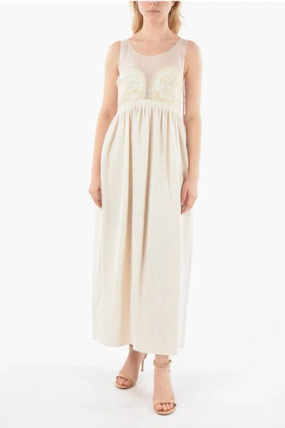 Maison Margiela Mm1 Sleeveless Silk Dress With Chiffon Embroidered Bodice An In White