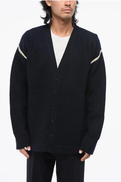 MAISON MARGIELA MM1 V-NECK WOOL CARDIGAN WITH DENIM PATCHES