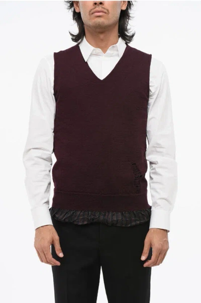 Maison Margiela Mm14 Vintage Effect Wool Vest With Striped Lining In Burgundy