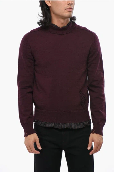Maison Margiela Mm14 Wool Crew-neck Sweater With Striped Lining In Burgundy