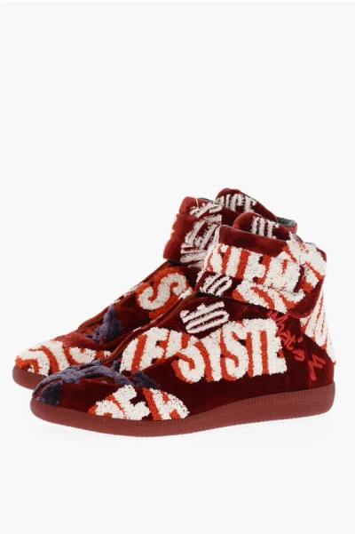 Maison Margiela Mm22 Embroidered Velvet High Top Sneakers With Touch Strap C In Burgundy