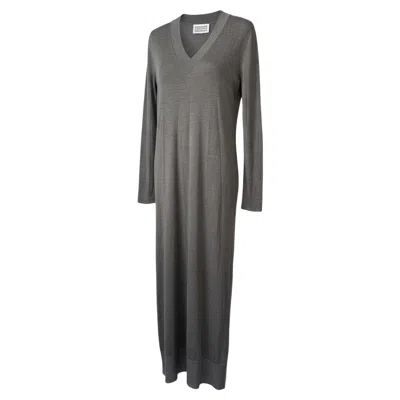 Pre-owned Maison Margiela Mm4 Silk Knit Maxi Dress Taupe Grey Size S V-neck Long Sleeve In Gray