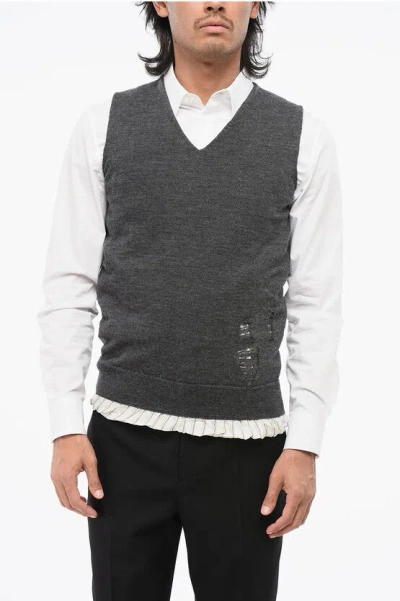 Maison Margiela Mm4 Vintage Effect Wool Vest With Striped Lining In Gray