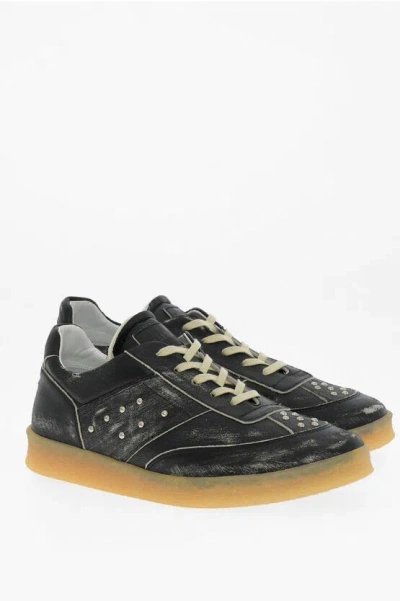 Maison Margiela Mm6 Acid Wash Effect Leather Low Top Trainers With Studs In Black