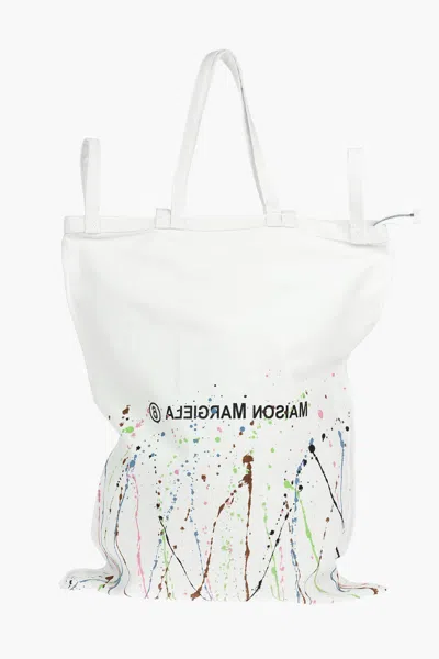 Maison Margiela Mm6 Canvas Maxi Tote Bag In Paint-splatter Print With Logo In White