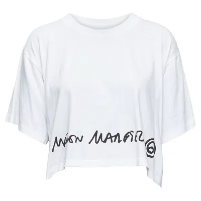 Maison Margiela Mm6 Cotton Blend Logo Cropped Tshirt In White