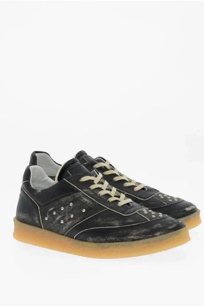 Pre-owned Maison Margiela Mm6 Cracked Effect Leather Low Top Sneakers With Studs In Black