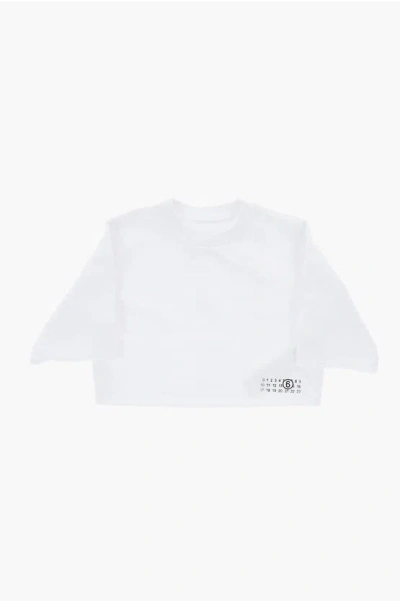 Maison Margiela Mm6 Cropped Fit Vintage-effect Crew-neck Sweatshirt With Sho In Pink