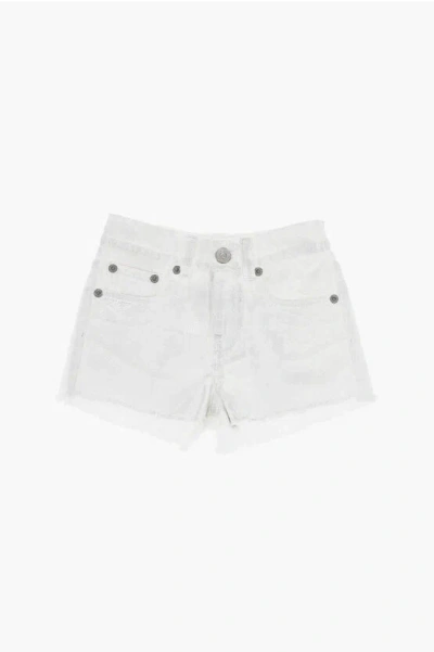 Maison Margiela Kids' Mm6 Frayed Hem Metallic Effect Denim Shorts In White