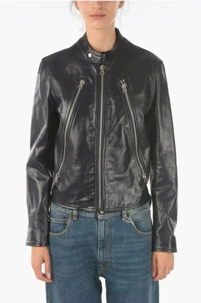 Maison Margiela Mm6 Front Zipped Leather Jacket In Black