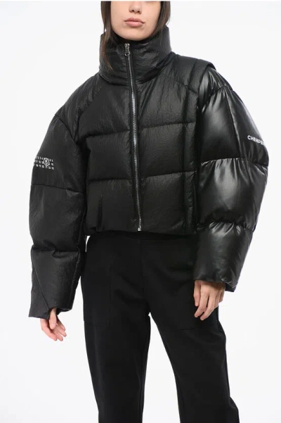 Maison Margiela Mm6 Quilted Cropped Down Jacket With Faux Leather Detail