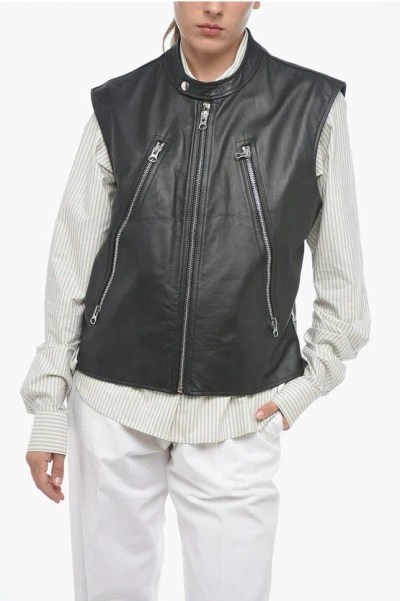 Maison Margiela Mm6 Quilted Leather Biker Waistcoat In Black