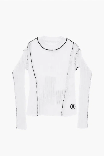 Maison Margiela Mm6 Ribbed Crew-neck Sweater With Contrasting Trims In Neutral