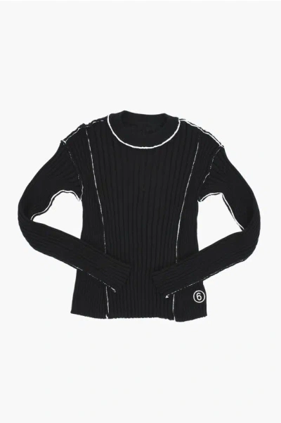 Maison Margiela Mm6 Ribbed Crew-neck Sweater With Contrasting Trims In Black