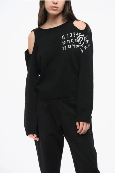Maison Margiela Mm6 Wool Crew-neck Sweater With Cut Out Details And Logo