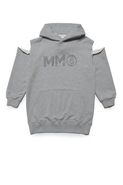 Maison Margiela Kids' Mm6d82u Dress  M Nge Fleece Hooded Maxi-dress With Cut-out Shoulders In Grey