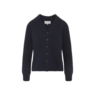 Maison Margiela Navy Blue Wool Blend Cardigan In Black