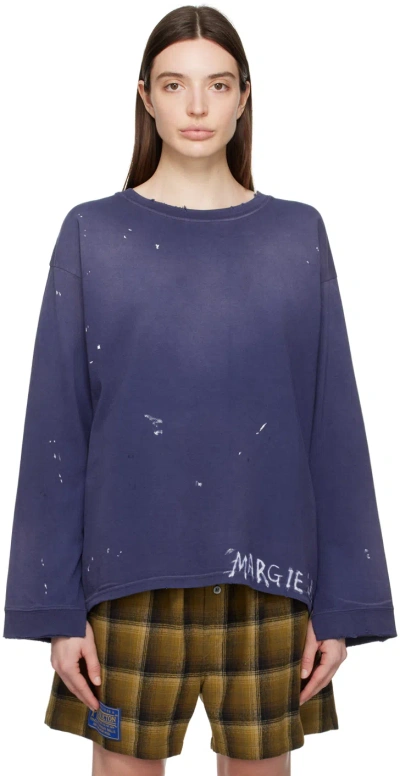 Maison Margiela Navy Distressed Long Sleeve T-shirt In 366 Washed Purple