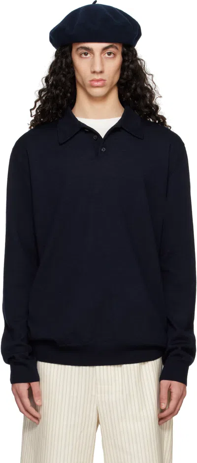 Maison Margiela Navy Elbow Patch Wool Polo In 524m Dark Blue
