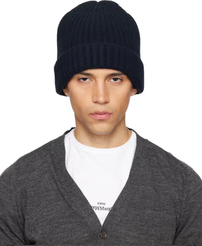 Maison Margiela Navy Ribbed Beanie In Black