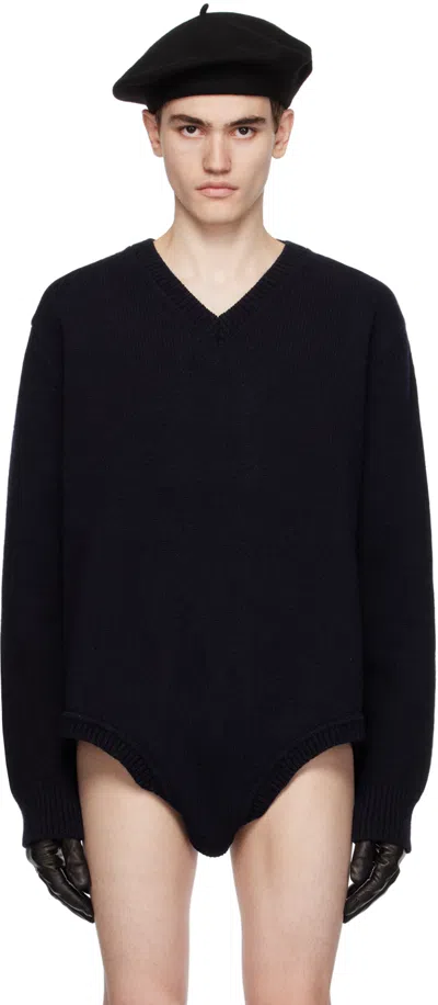 Maison Margiela Navy V-neck Sweater In 511 Navy