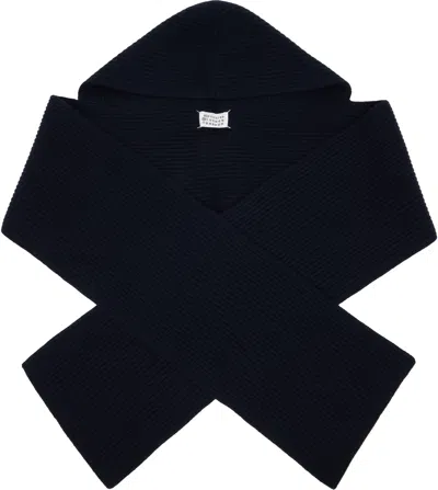 Maison Margiela Navy Wool Hooded Scarf In Blue