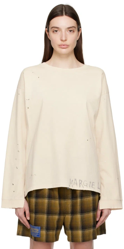 Maison Margiela Off-white Distressed Long Sleeve T-shirt In 102 Dirty Ecru