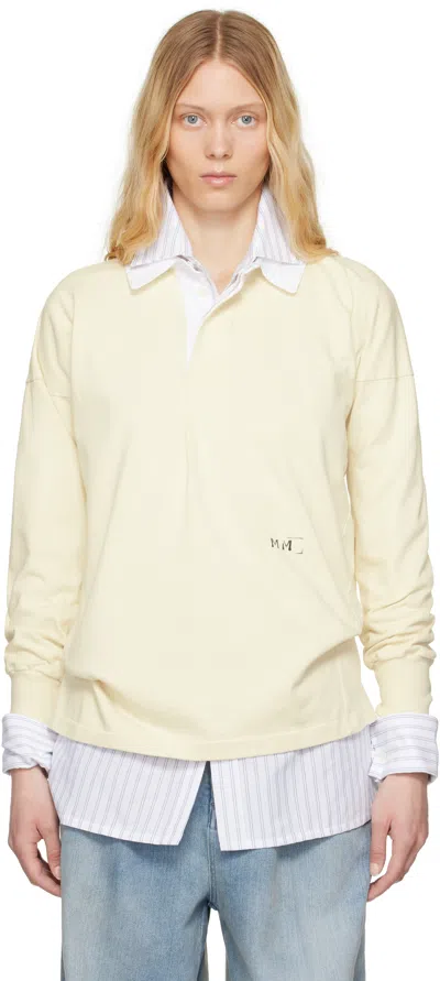 Maison Margiela Off-white Printed Logo Long Sleeve Polo In 103 Butter