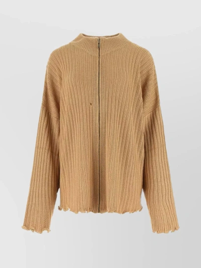 Maison Margiela Oversized Knit Cardigan With Long Sleeves And Ribbed Texture In Brown