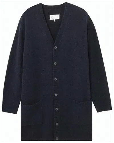 Maison Margiela Oversized Wool Cardigan With Deep V-neck And Button Closure In Blue