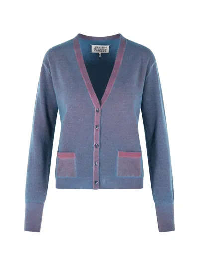 Maison Margiela Virgin Wool Cardigan With Light Blue And Red V-neck