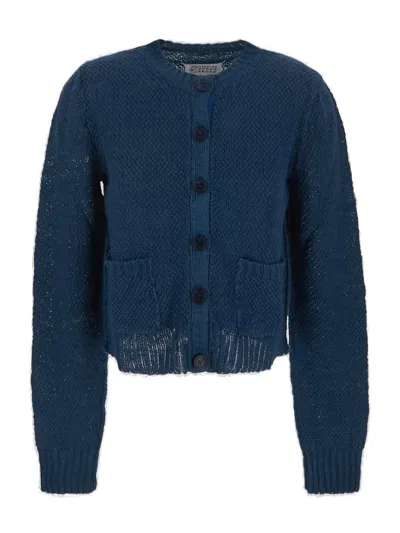 Maison Margiela Patched Pocket Rib Trim Woven Cardigan In Blue