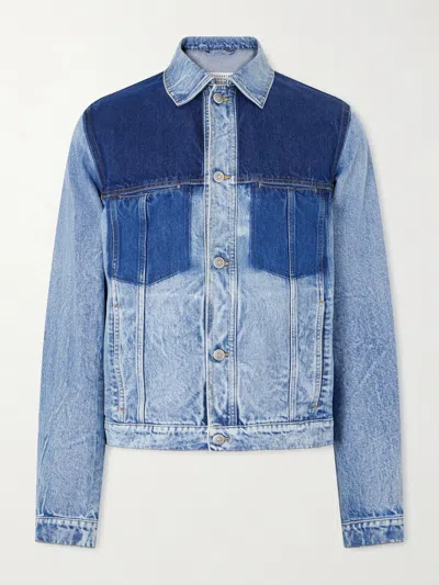 Maison Margiela Two-tone Blue Denim Sports Jacket With Pointed Collar In Animal Print