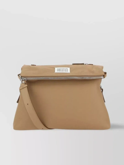 Maison Margiela Pebble Calf Leather Shoulder Bag With Zip Pocket In Beige