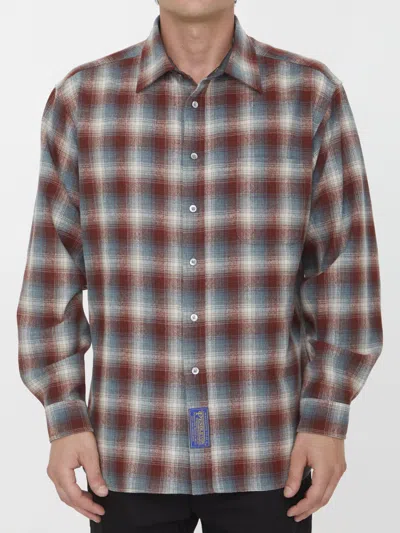 Maison Margiela Checked Logo-patch Shirt In Brown