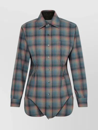 Maison Margiela Plaid Wool Shirt Cuffed Sleeves In Gray