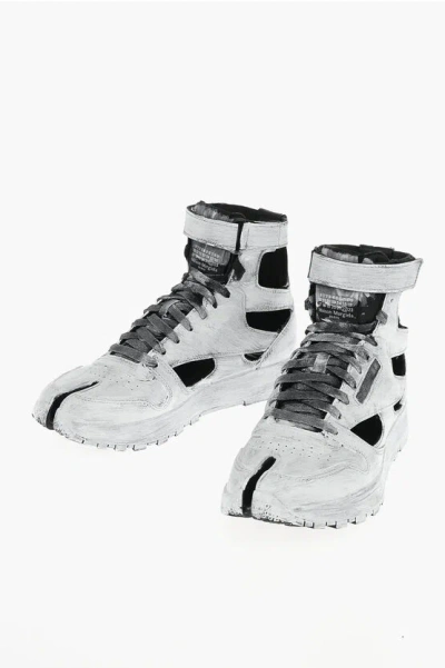 Maison Margiela Reebok Paint Effect Leather Tabi High Top Sneakers With Cuto In White