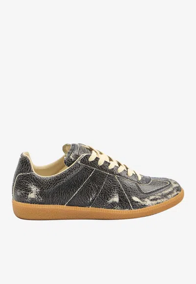 Maison Margiela Replica Distressed Cracked-leather Sneakers In Black