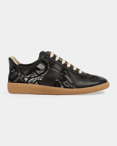 Maison Margiela Replica Lace-trim Leather Sneakers In Black