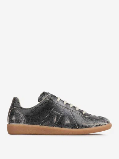 Maison Margiela Replica Distressed Cracked-leather Sneakers In Black