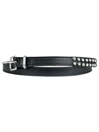 Pre-owned Maison Margiela Rhinestone Studded Thin Leather Belt Black