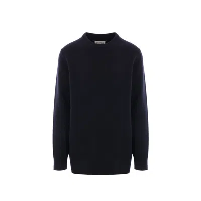 Maison Margiela Ribbed Black Wool Sweater With Stitching In Blue