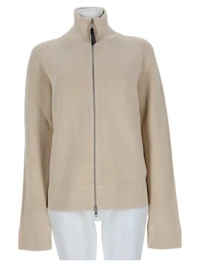 Maison Margiela Ribbed Knit Sweater With High Collar And Full Zipper In Neutral