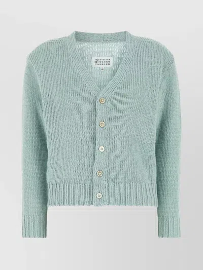 Maison Margiela Ribbed V-neck Hemp Cardigan With Long Sleeves In Blue
