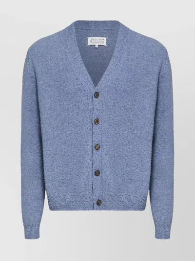 Maison Margiela Ribbed V-neck Long Sleeve Cardigan In Blue
