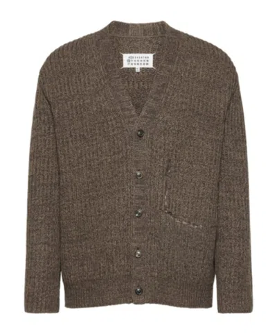 Maison Margiela Ribbed Wool Cardigan Front Pocket In Brown