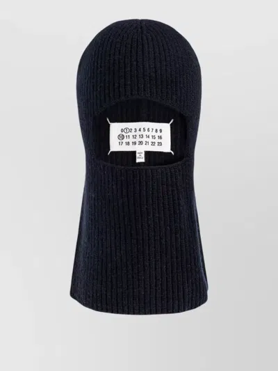 Maison Margiela Ribbed Knit Wool Hat With Signature Stitches In Blue