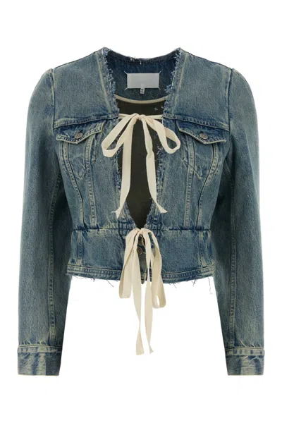 Maison Margiela Ribbon-tie Cropped Cotton Jacket In Blue